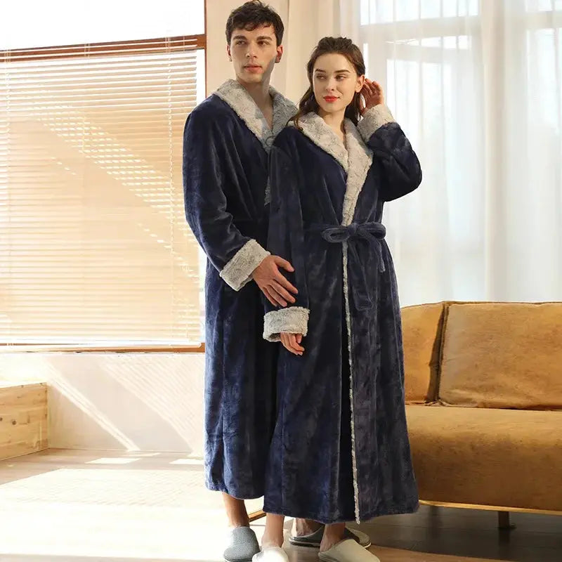 Couple's Flannel Fleece Bathrobes in Navy Blue, Black, Gray, Brown - Women's and Men's Sizes Available — Lifestyle 3