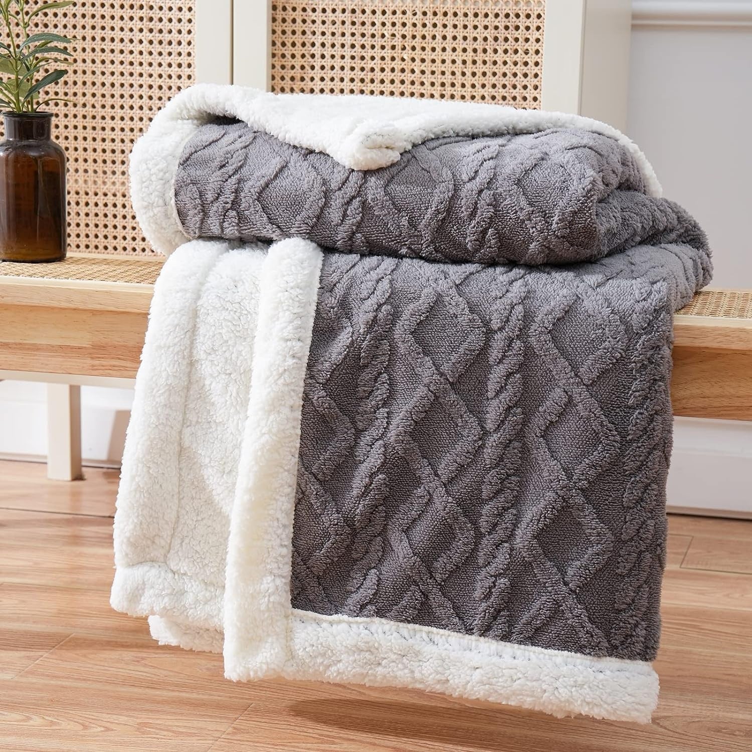 Reversible Sherpa Fleece Throw Blanket — Cable-Knit Texture — Lifestyle 9