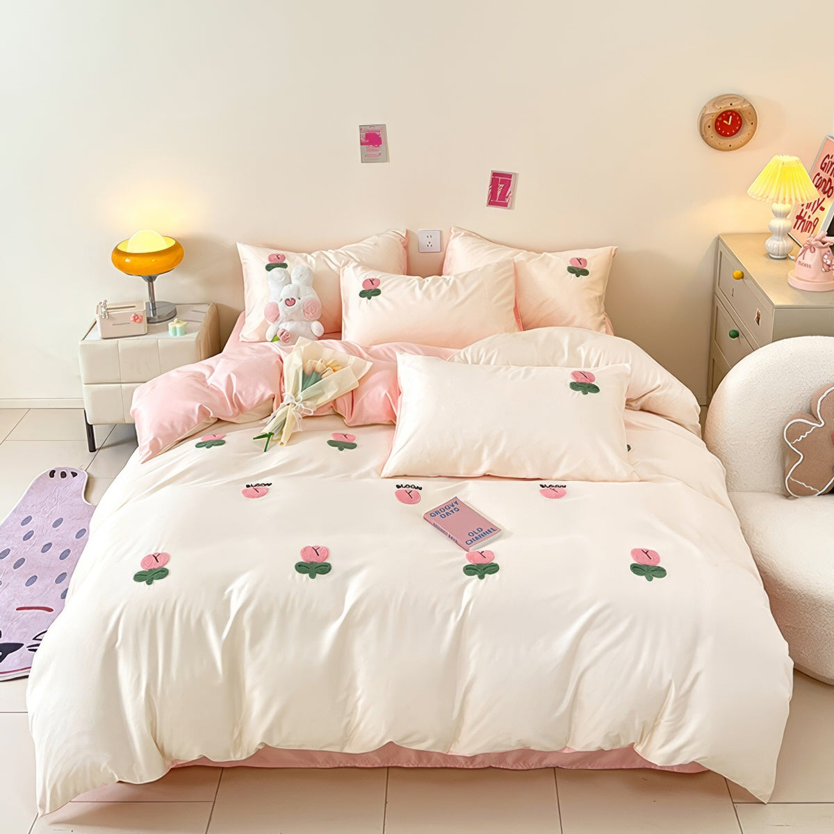 Tulip Flower Embroidered Bedding Set — Soft-Touch Cotton Duvet & Pillowcases — Lifestyle 3