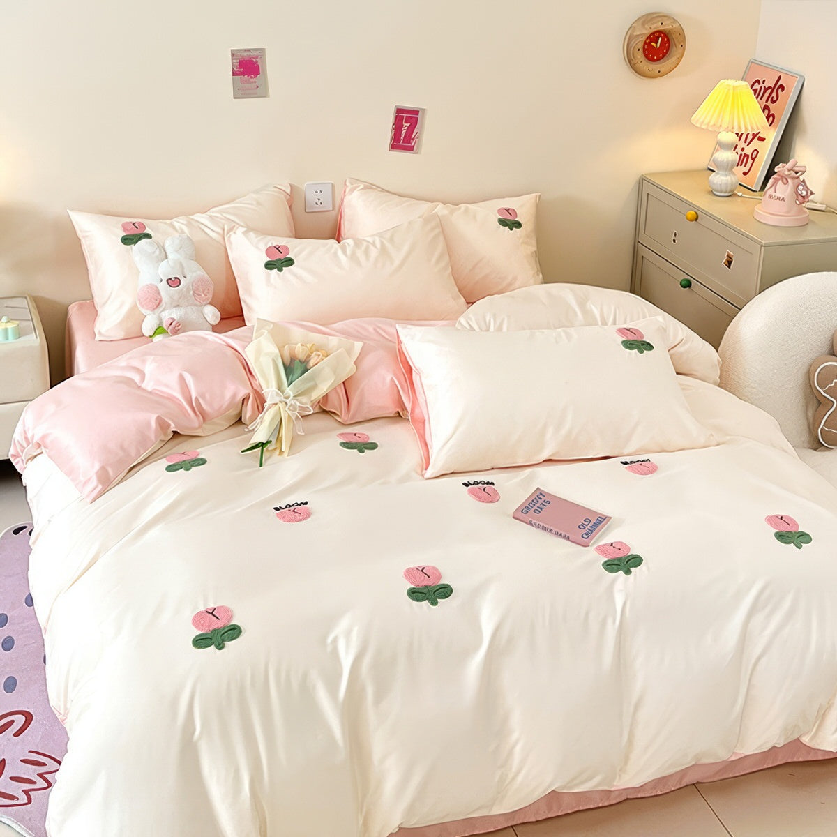 Tulip Flower Embroidered Bedding Set — Soft-Touch Cotton Duvet & Pillowcases — Lifestyle 2