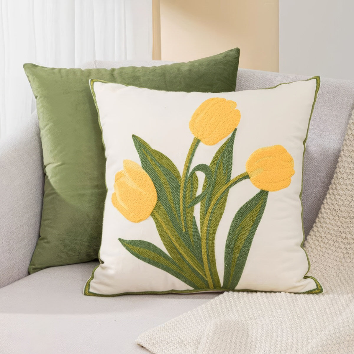 Tulip Garden Embroidered Pillow Cover — Soft Textured Pillow for Bedroom Layering — Lifestyle 4