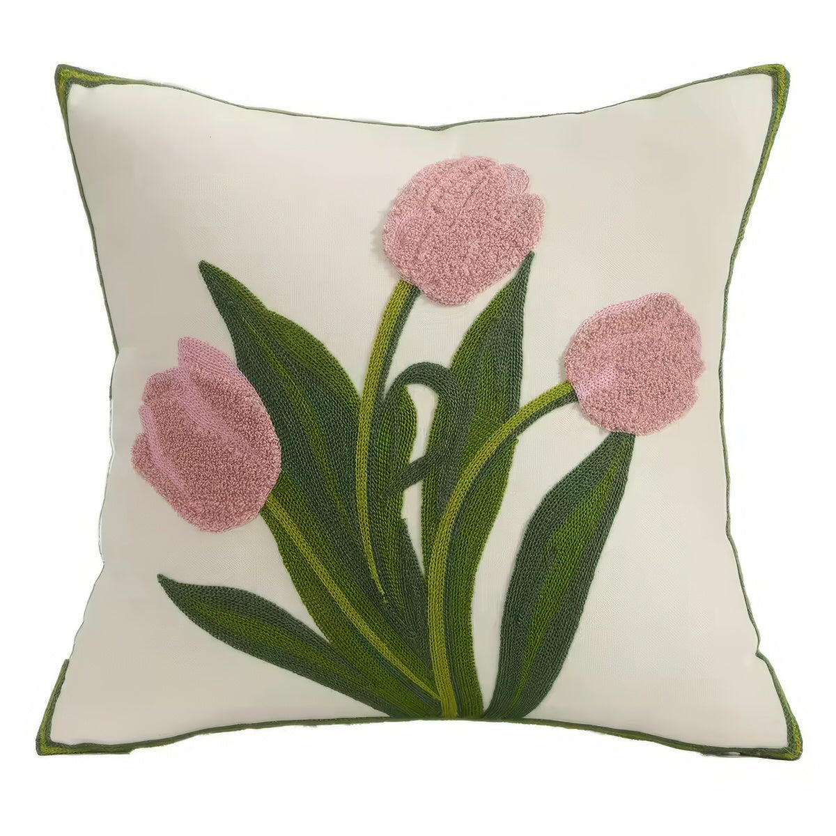 Tulip Garden Embroidered Pillow Cover — Soft Textured Pillow for Bedroom Layering — Lifestyle 1