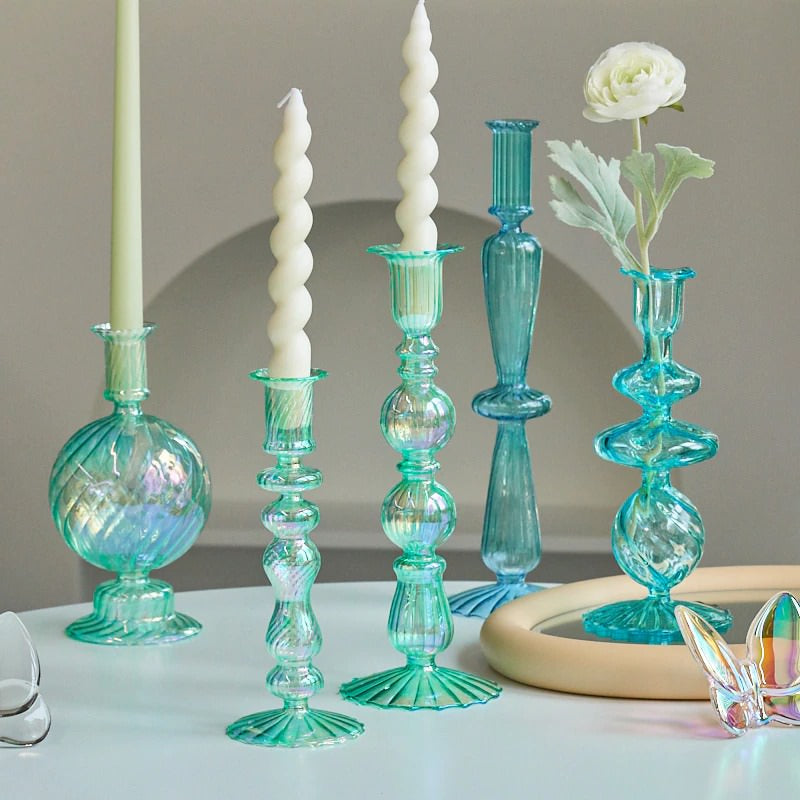Aqua Blue Glass Candle Holder — Decorative Vase for Considered Styling — Front view