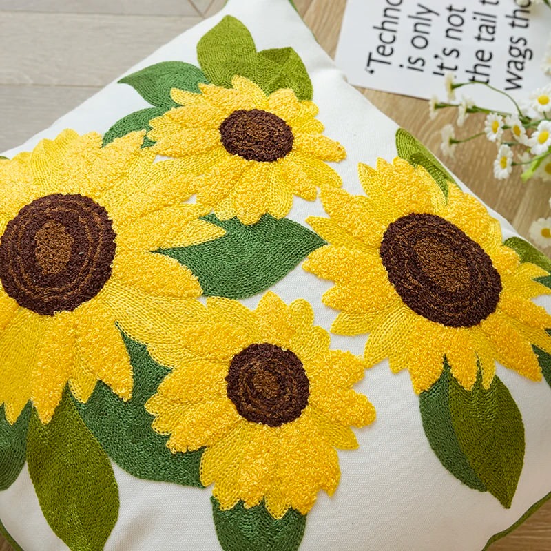 Sunflower Embroidered Cushion Cover — Stitched Floral Detail for Warm Bedroom Layers — Front view
