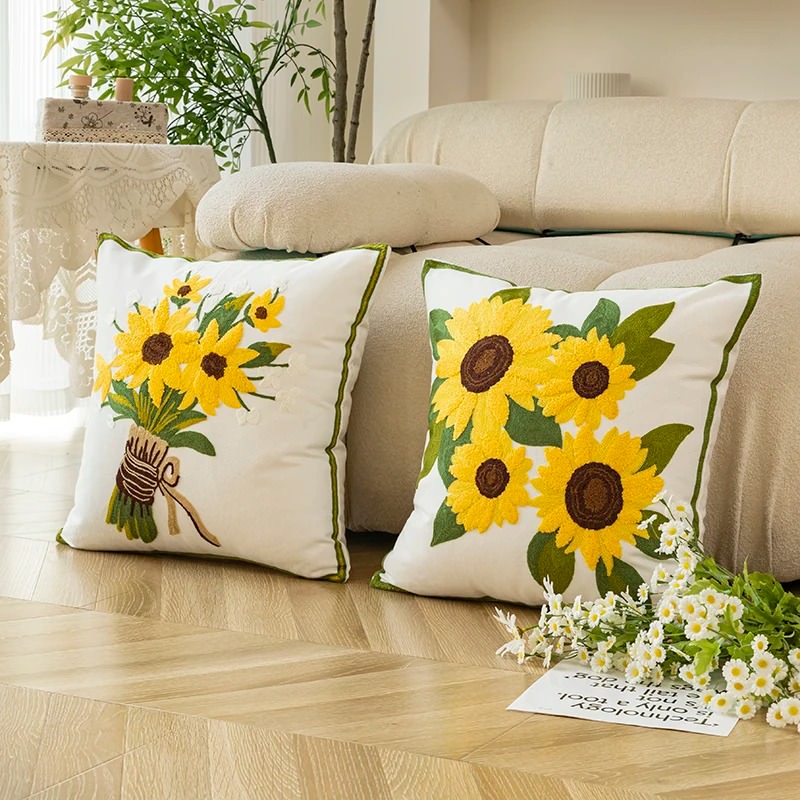 Sunflowers Embroidered Cushion Cover — Soft Textured Pillow for Bedroom Layering — Lifestyle 3