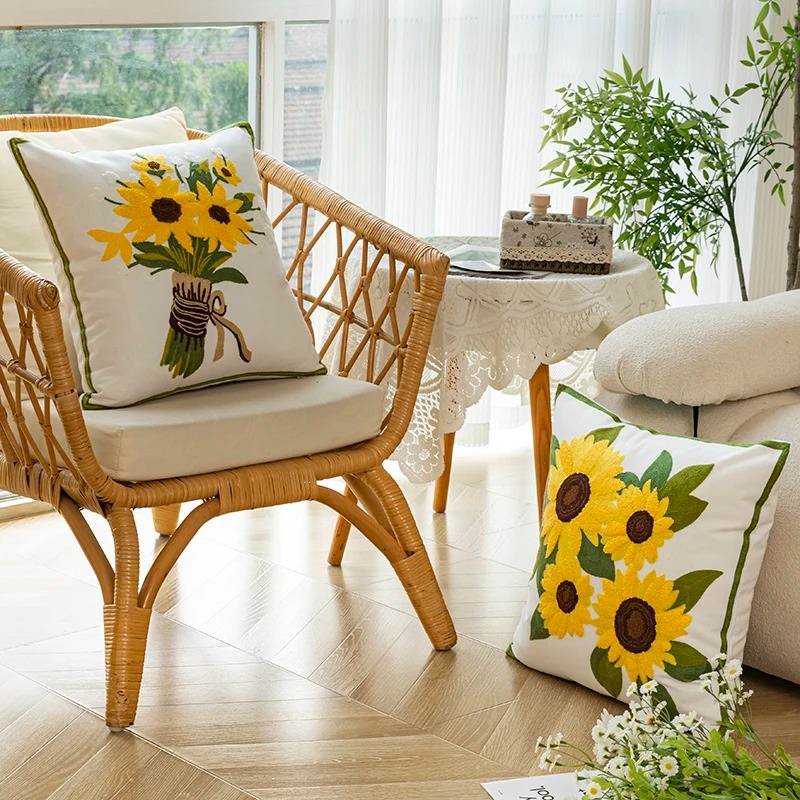 Sunflower Embroidered Cushion Cover — Stitched Floral Detail for Warm Bedroom Layers — Lifestyle 1