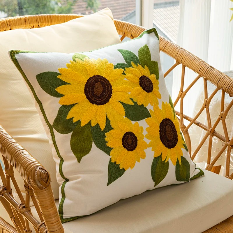 Sunflower Embroidered Cushion Cover — Stitched Floral Detail for Warm Bedroom Layers — Detail
