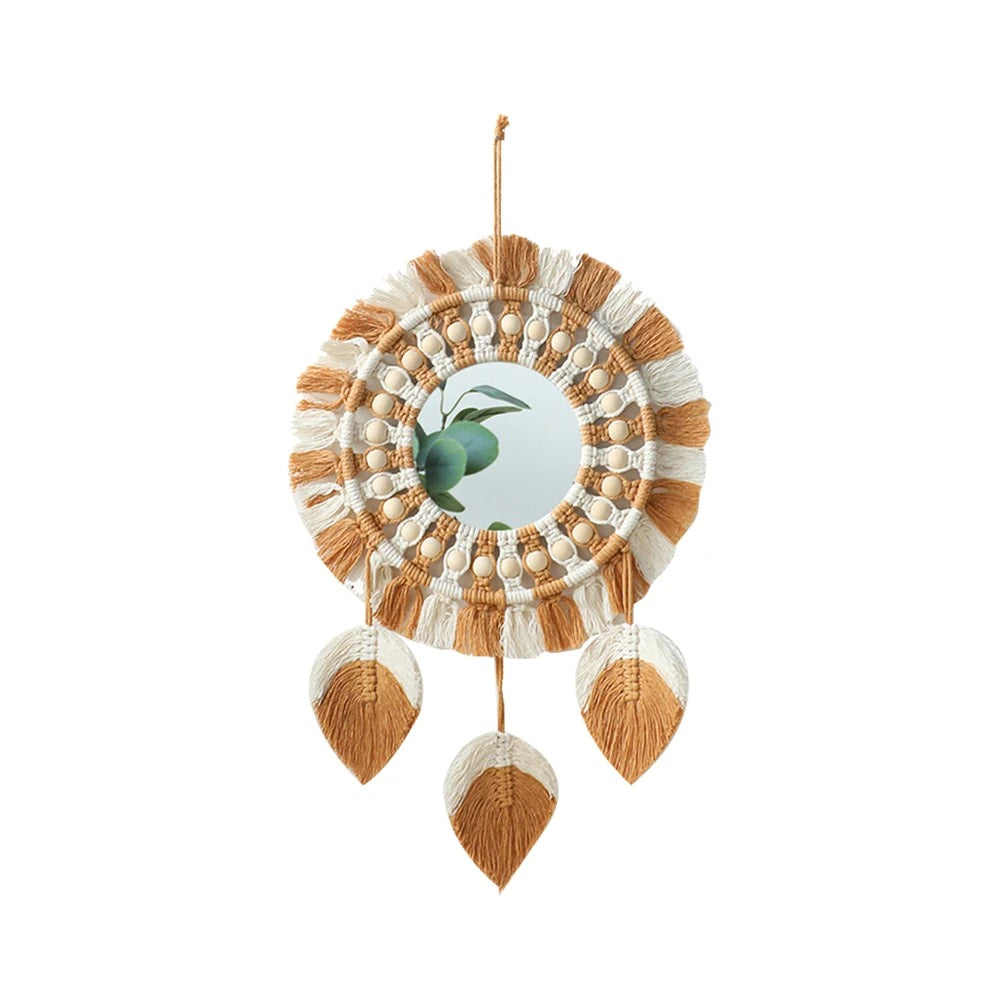 Brown & Beige Macrame Fringe Wall Mirror — Considered Home Styling — Front view