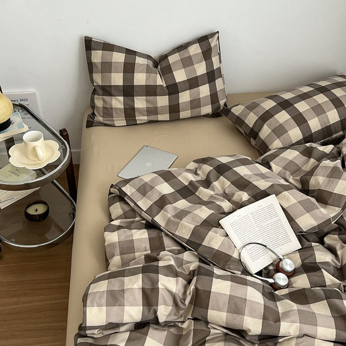 Mocha Gingham Check Duvet Cover Set — Front view
