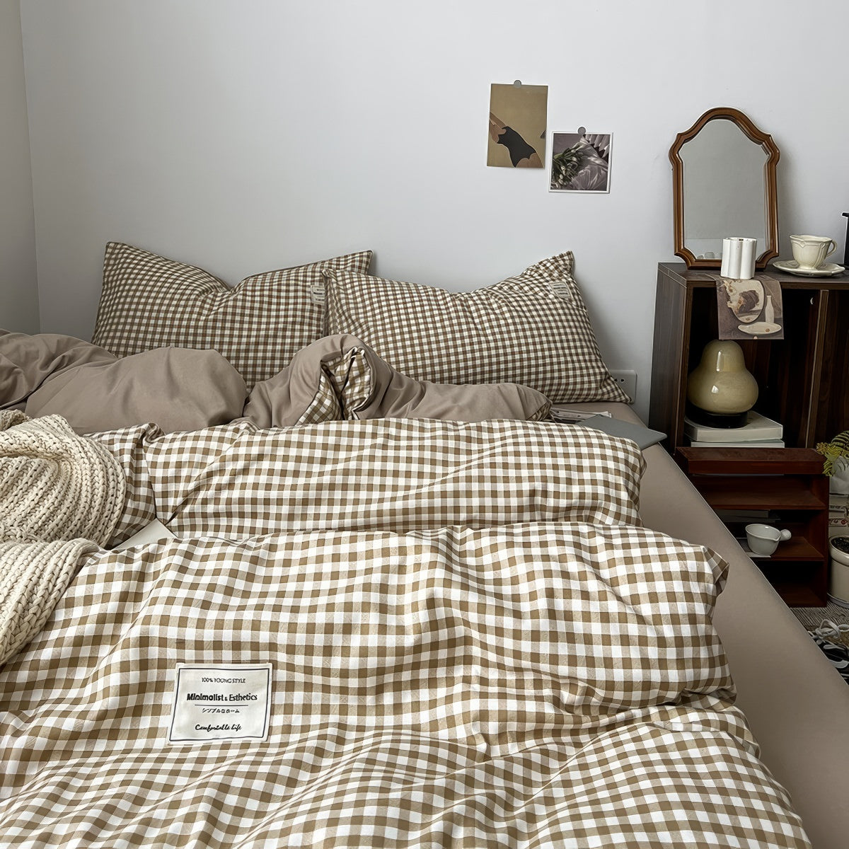 Light Brown Gingham Bedding Set — Cotton Duvet & Pillowcases — Front view
