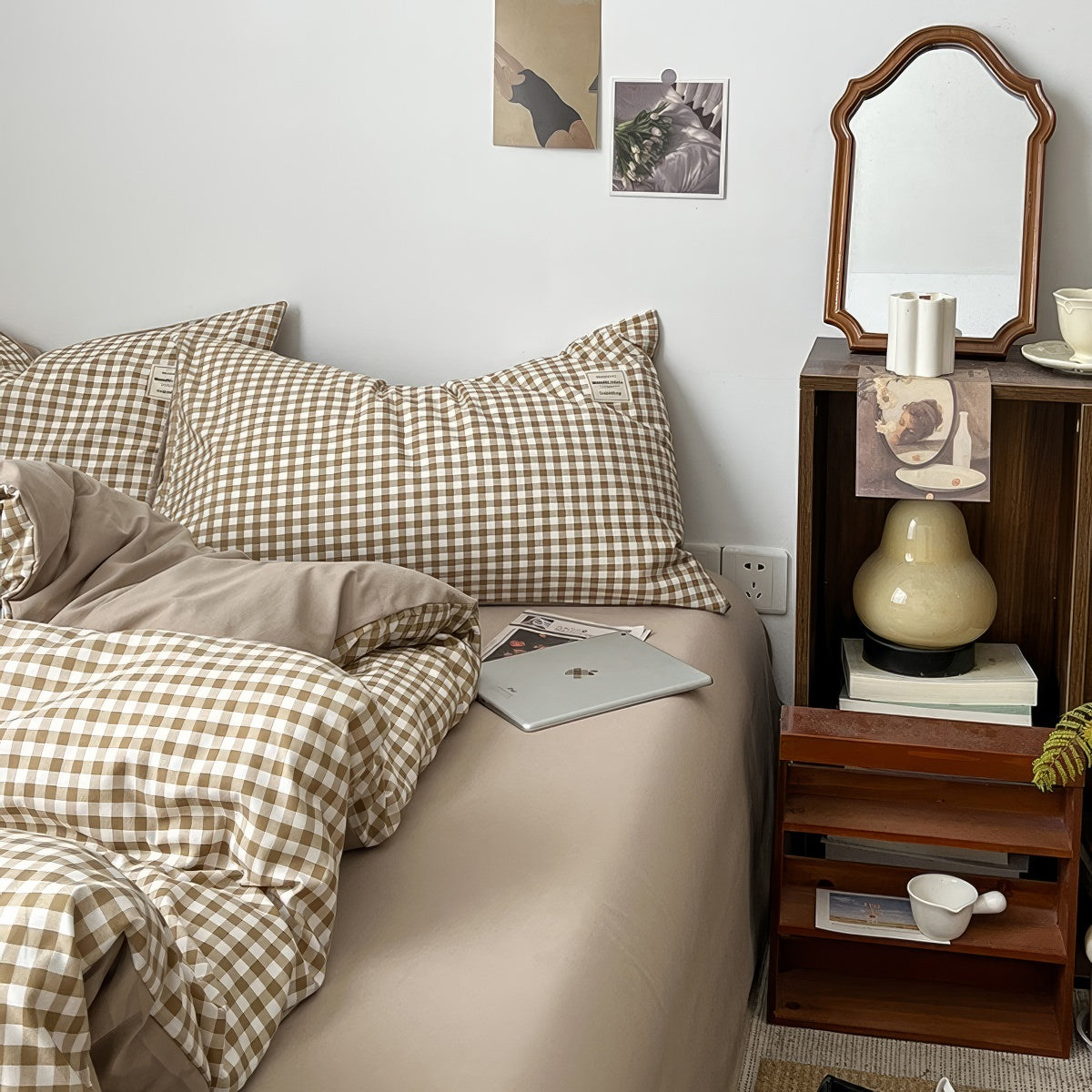 Light Brown Gingham Bedding Set — Cotton Duvet & Pillowcases — Lifestyle 2