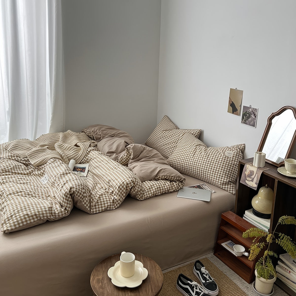 Light Brown Gingham Bedding Set — Cotton Duvet & Pillowcases — Lifestyle 4