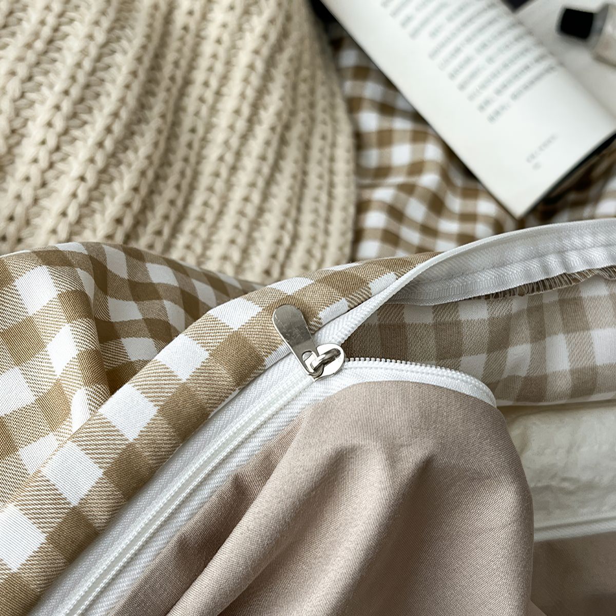 Light Brown Gingham Bedding Set — Cotton Duvet & Pillowcases — Lifestyle 5