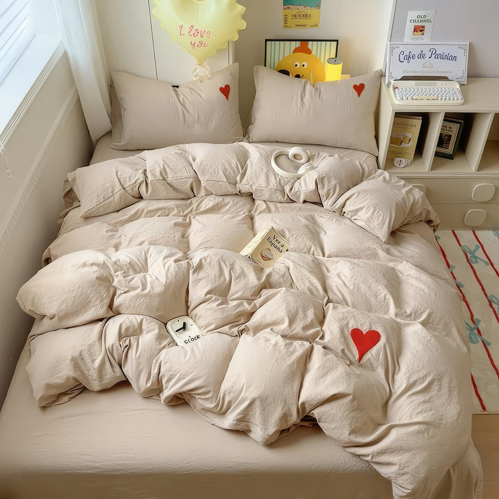 Beige Washed Cotton Bedding Set With Red Embroidered Heart — Detail