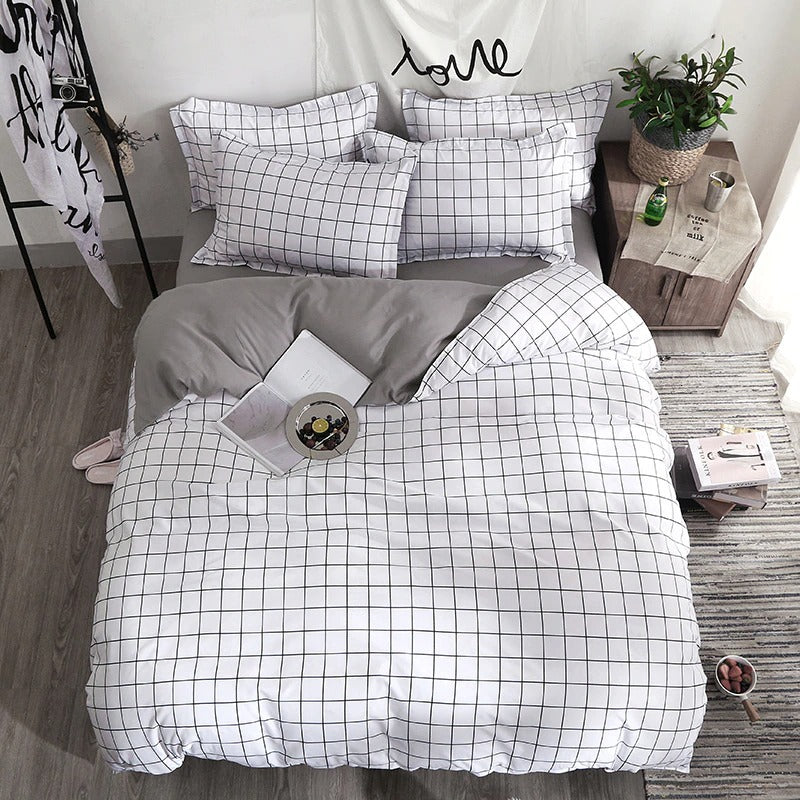 Plain Grid Bedding Set — Soft-Touch Cotton Duvet & Pillowcases — Lifestyle 2