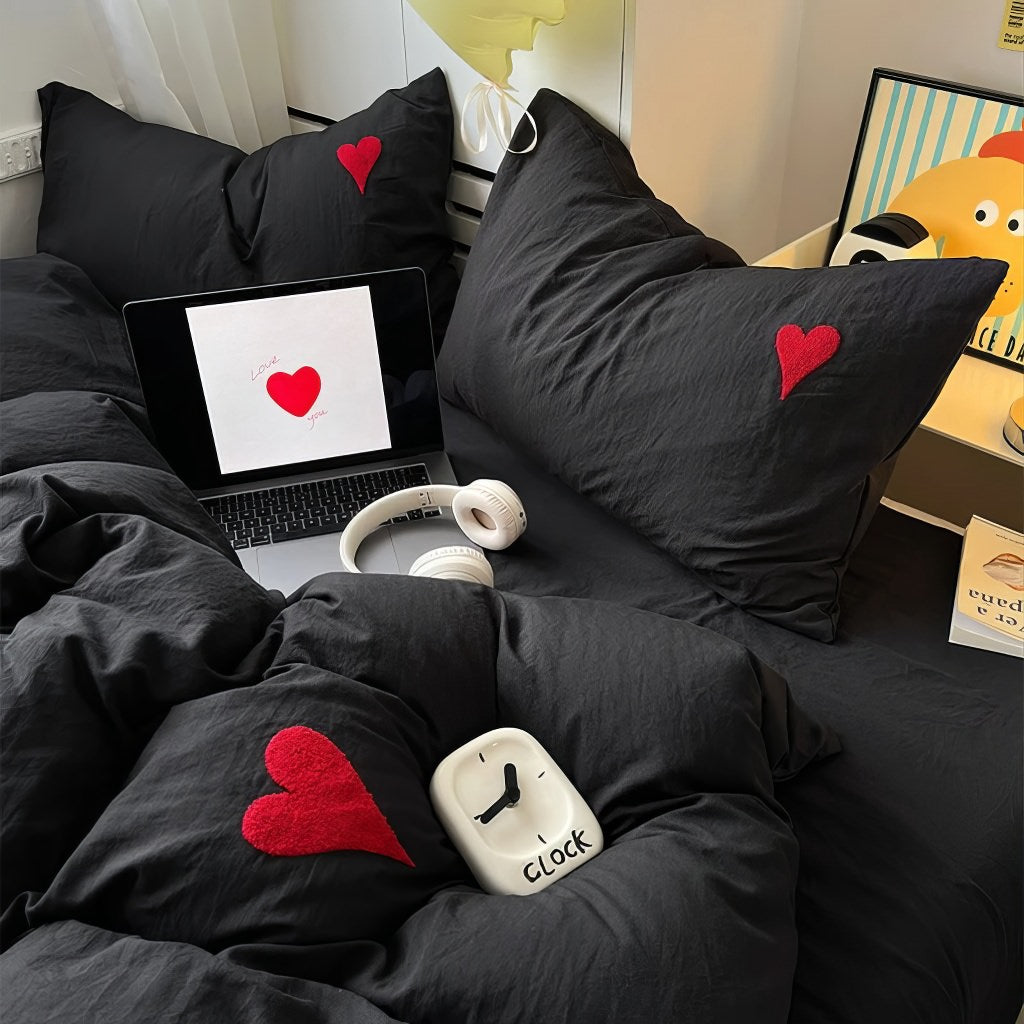 Black Washed Cotton Bedding Set With Red Embroidered Heart — Lifestyle 4