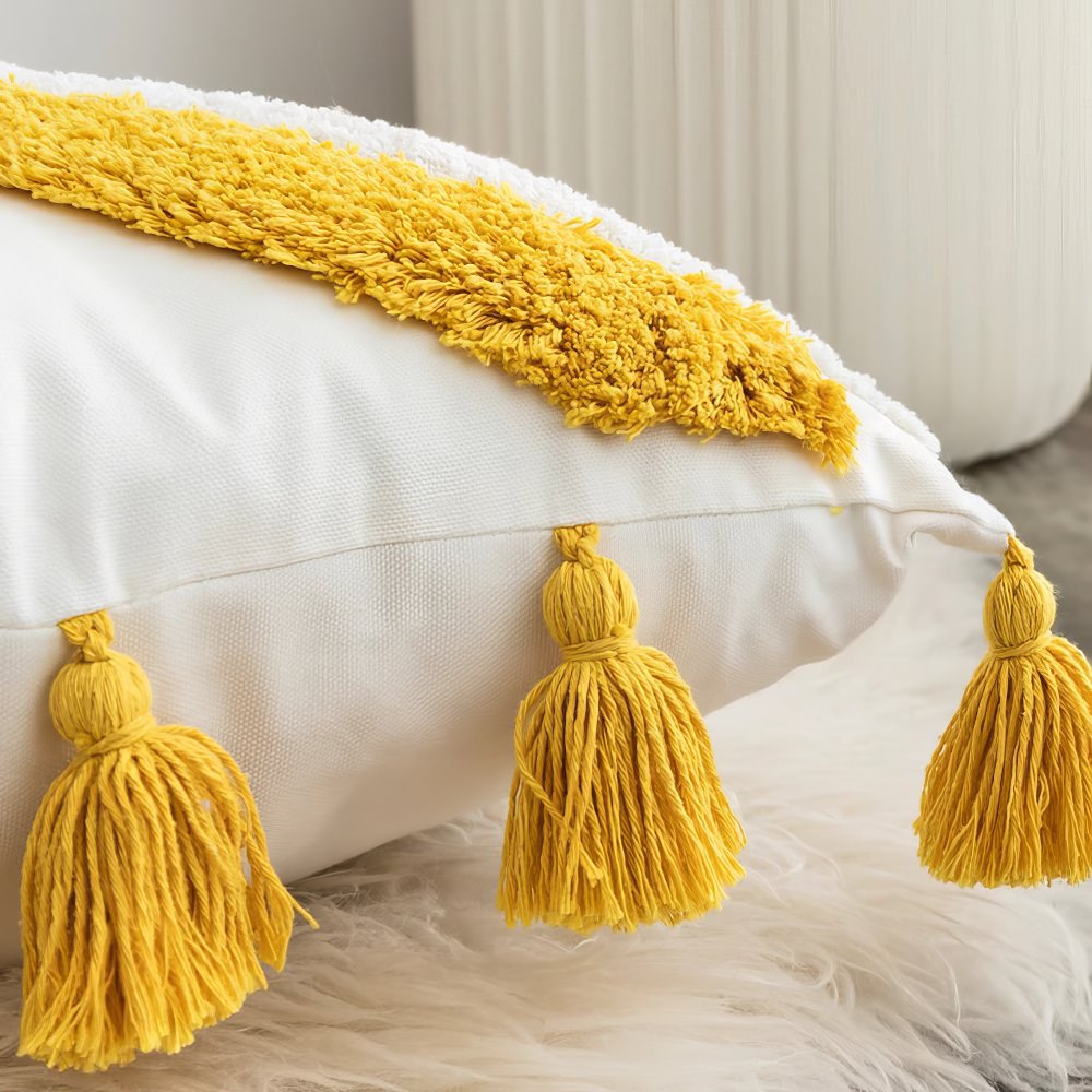 Blue & Yellow Tufted Cushion Cover — Hand-Tufted Two-Tone Texture for Bright Bedroom Layering — Detail