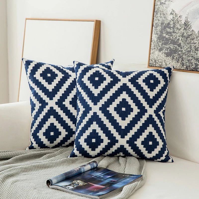 Blue Embroidered Ornaments Cushion Cover — Soft Textured Pillow for Bedroom Layering — Lifestyle 4