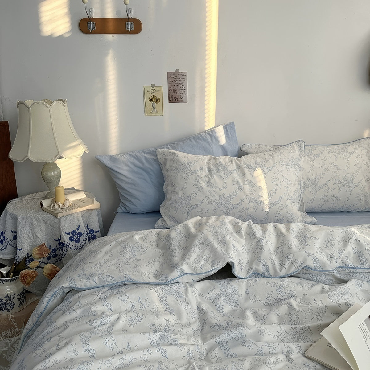 Blue Floral Line Art Bedding Duvet Cover Set — Lifestyle 1