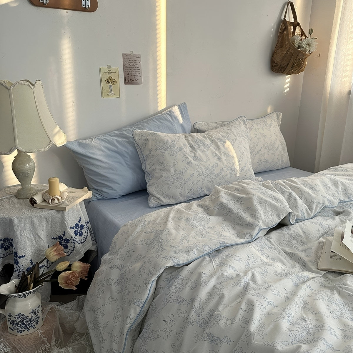 Blue Floral Line Art Bedding Duvet Cover Set — Lifestyle 4