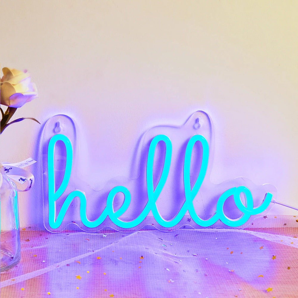 Blue Hello LED Neon Sign — Warm LED Mood Lighting for Bedside — Front view