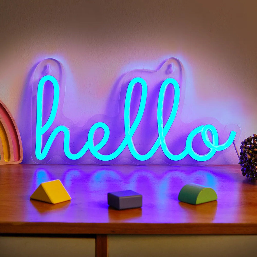 Blue Hello LED Neon Sign — Warm LED Mood Lighting for Bedside — Lifestyle 1