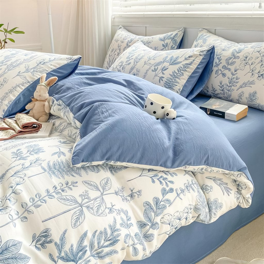 Monochrome Blue Wildflowers Print Bedding Set — Soft-Touch Cotton Duvet & Pillowcases — Front view