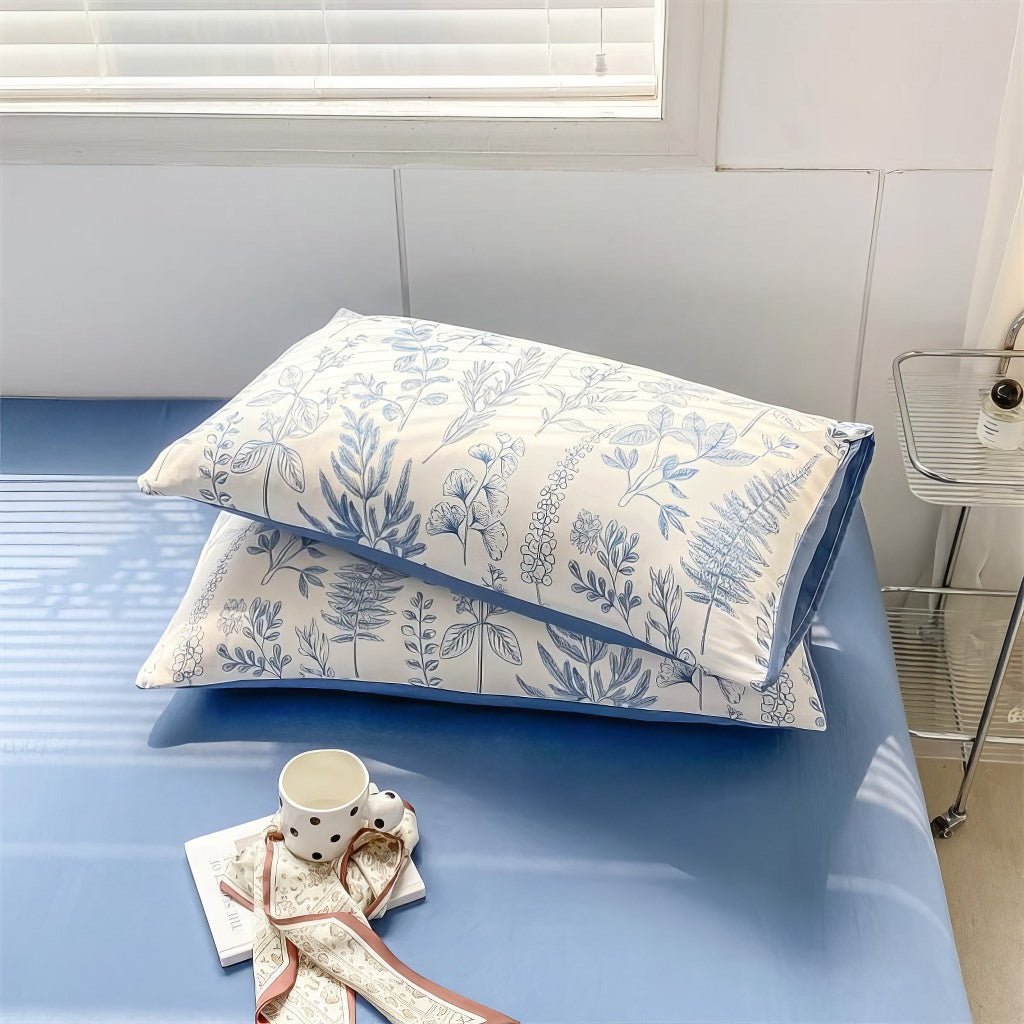 Monochrome Blue Wildflowers Print Bedding Set — Soft-Touch Cotton Duvet & Pillowcases — Lifestyle 5