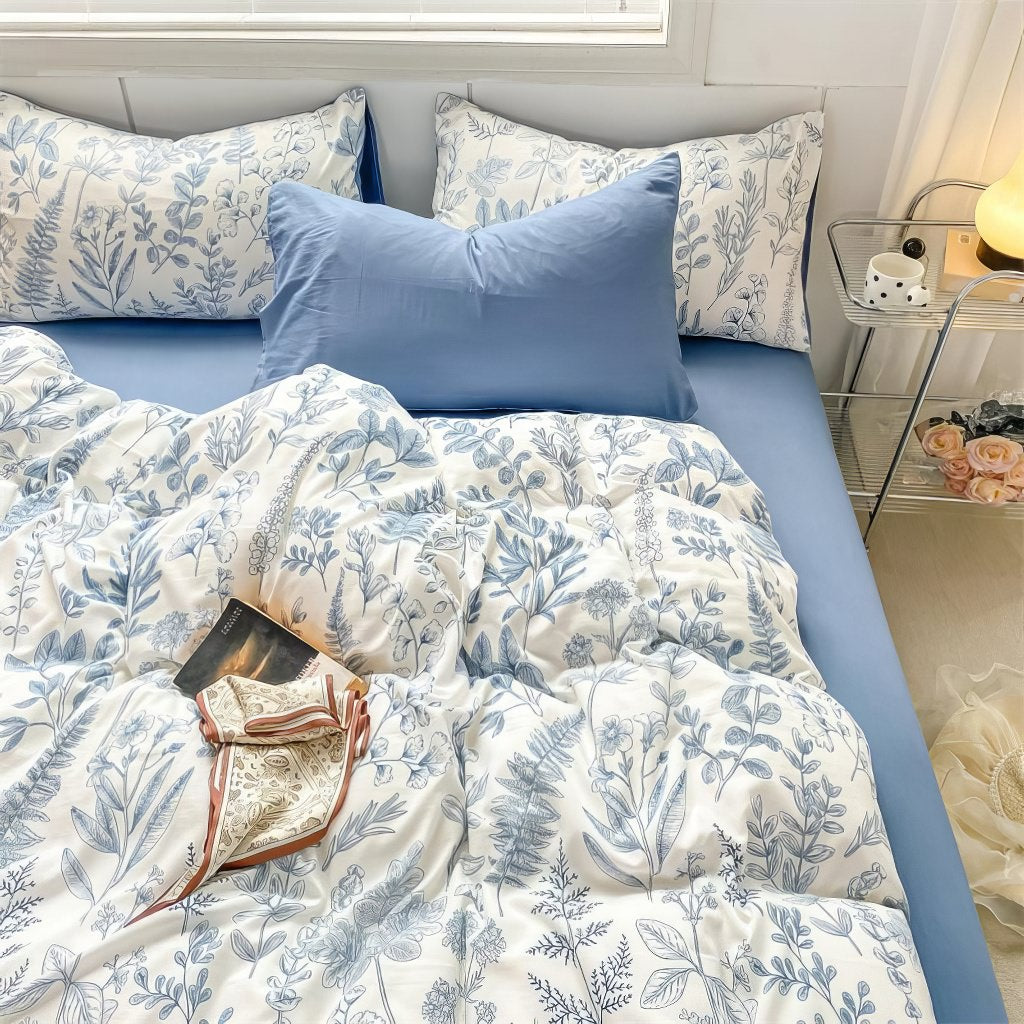 Monochrome Blue Wildflowers Print Bedding Set — Soft-Touch Cotton Duvet & Pillowcases — Lifestyle 7