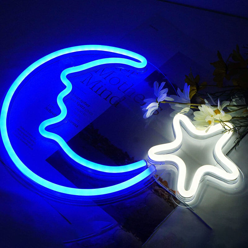 Blue Moon and Star Wall Neon Sign — Warm LED Mood Lighting for Bedside — Detail