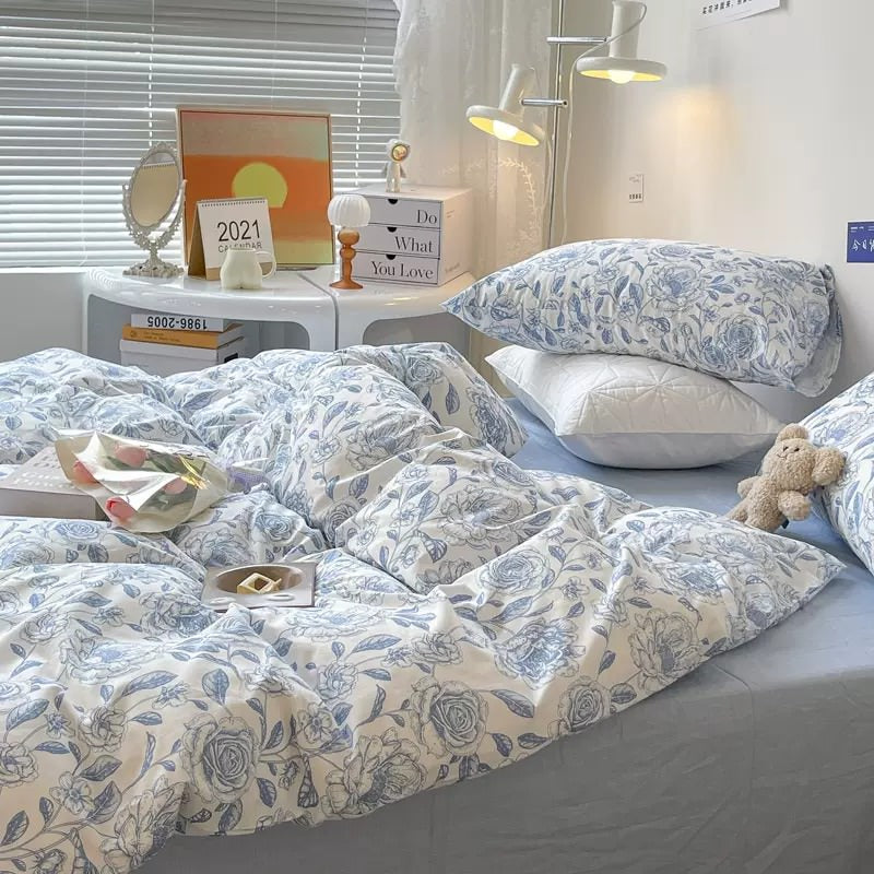 Blue Flowers Pattern Print Bedding Set — Soft-Touch Cotton Duvet & Pillowcases — Lifestyle 3