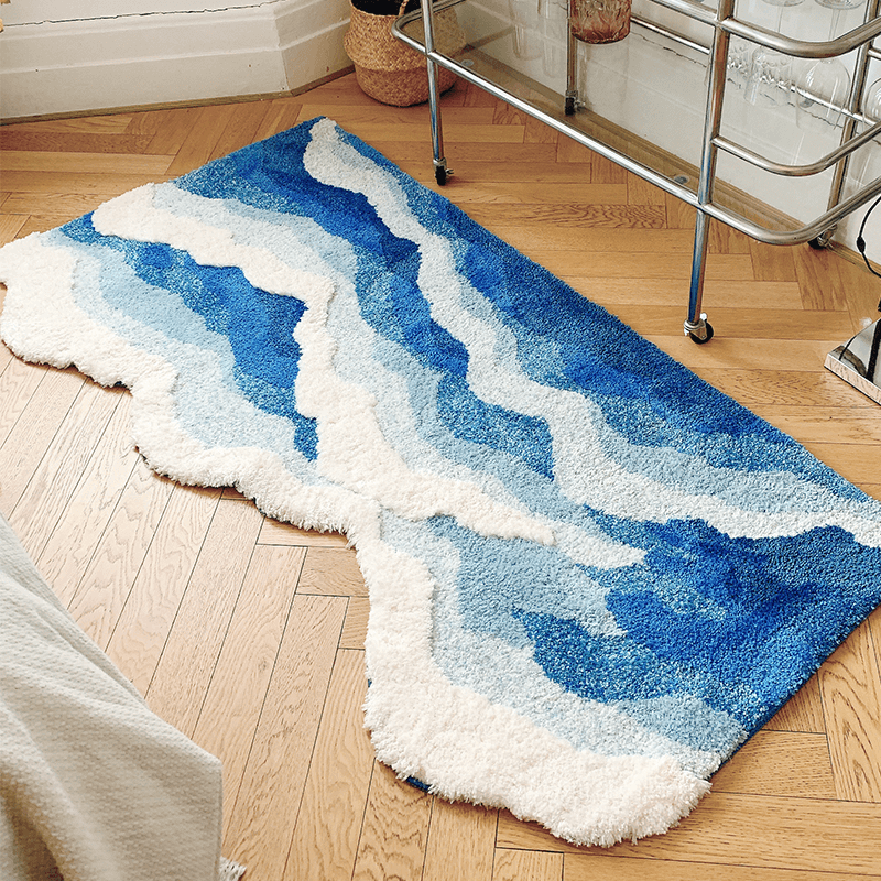 Blue Sea Waves Bedside Accent Rug — Soft Accent Rug for Bedroom Layering — Detail