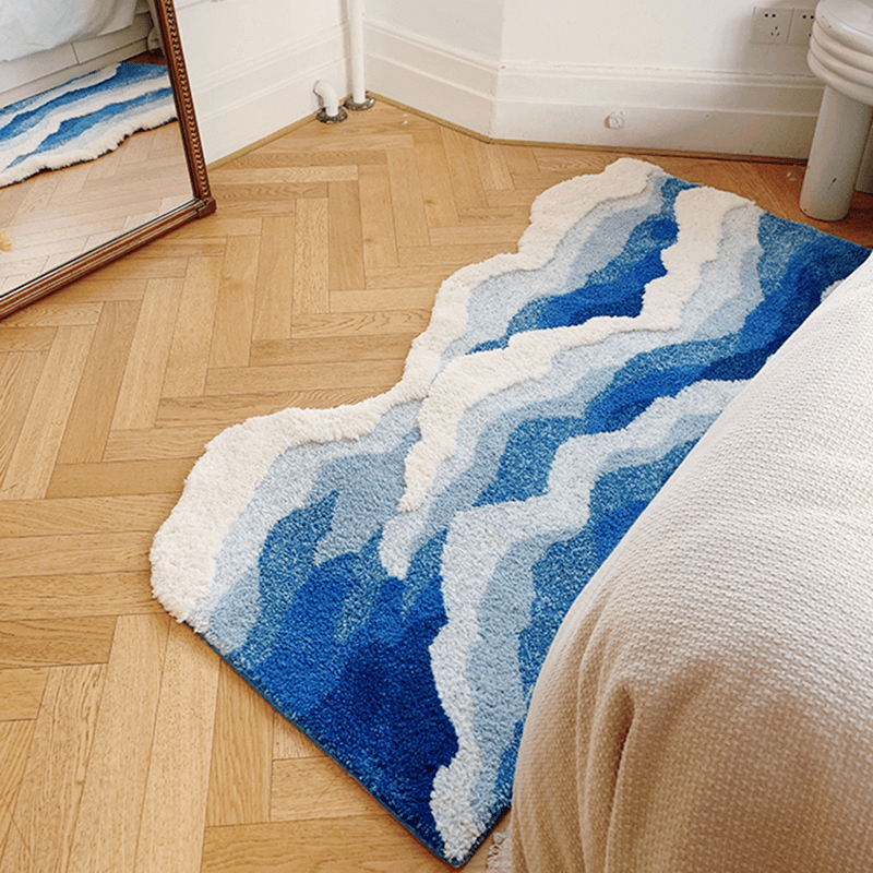 Blue Sea Waves Bedside Accent Rug — Soft Accent Rug for Bedroom Layering — Lifestyle 1