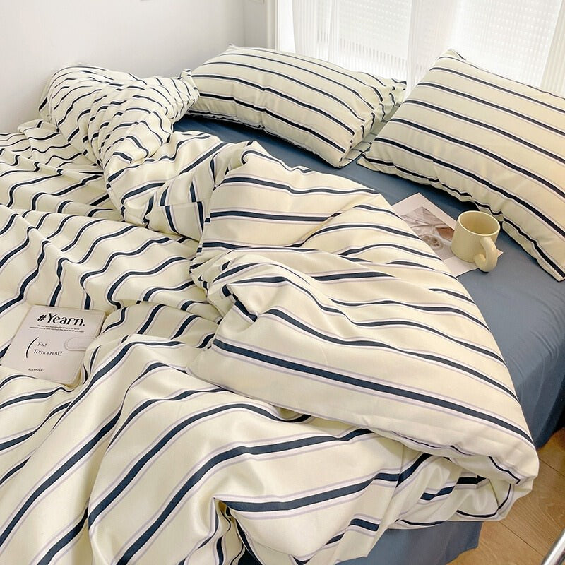 Blue Striped Minimalist Bedding Set — Soft-Touch Cotton Duvet & Pillowcases — Front view