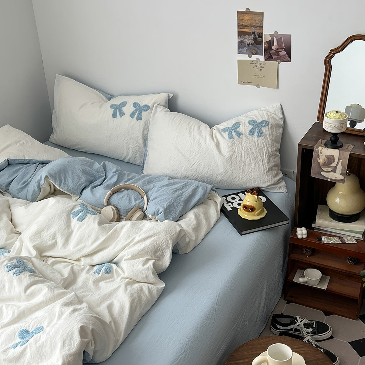 Blue Tufted-Bow Bedding Set — Soft-Touch Cotton Duvet & Pillowcases — Lifestyle 1