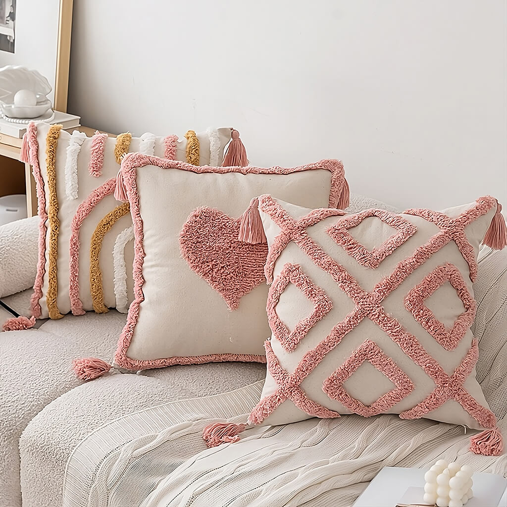 Blush Heart Tufted Cushion Cover — Soft Texture for Calm Bedroom Styling — Lifestyle 1