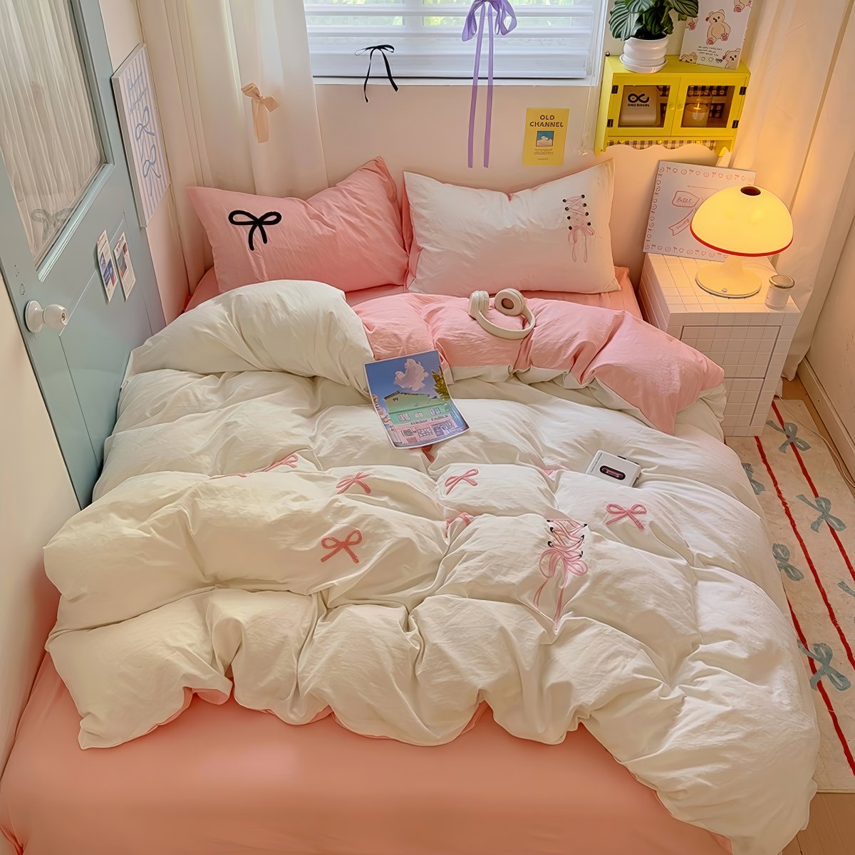 Blush Ribbon Embroidered Bedding Set — Soft-Touch Cotton Duvet & Pillowcases — Lifestyle 4