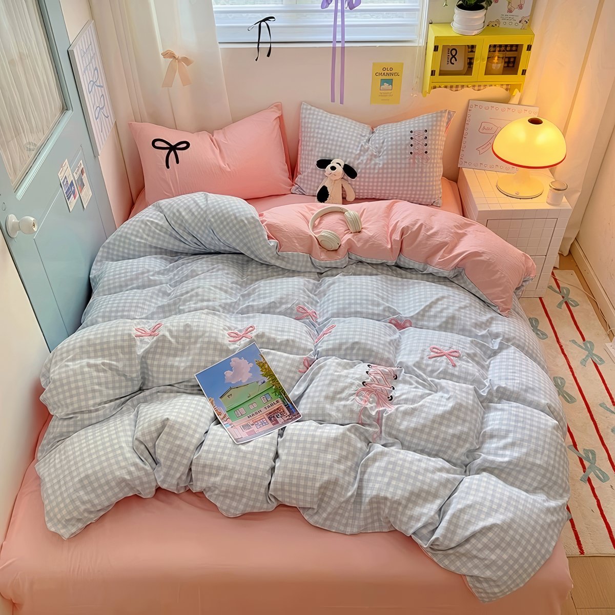 Blush Ribbon Embroidered Bedding Set — Soft-Touch Cotton Duvet & Pillowcases — Front view