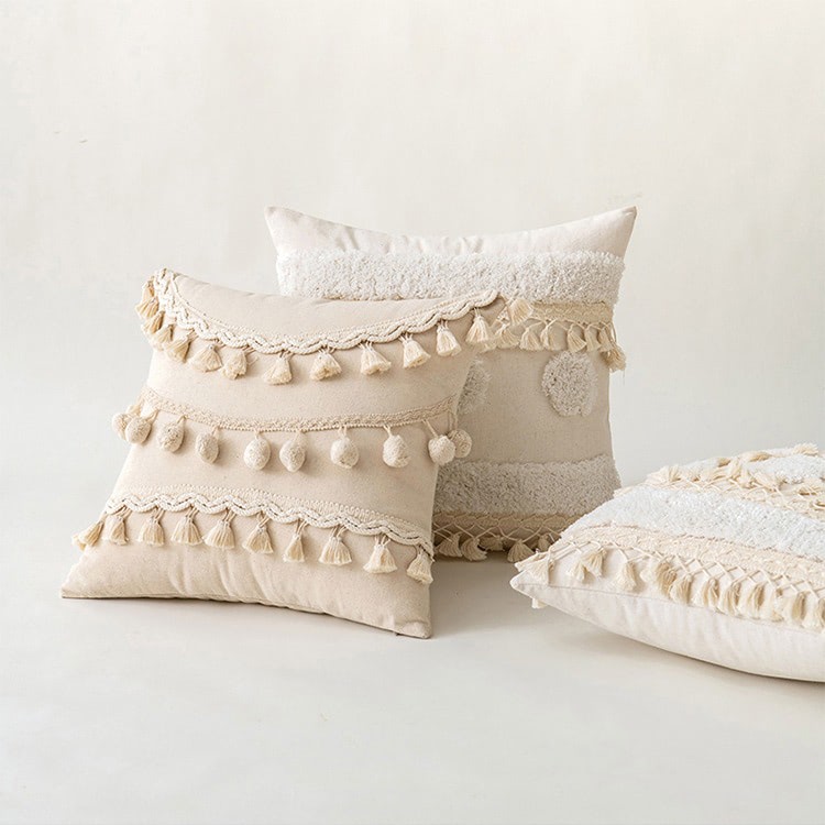 Tufted Tassel Cushion Cover — Boho Linen Pillow for Living Room Styling — Lifestyle 3