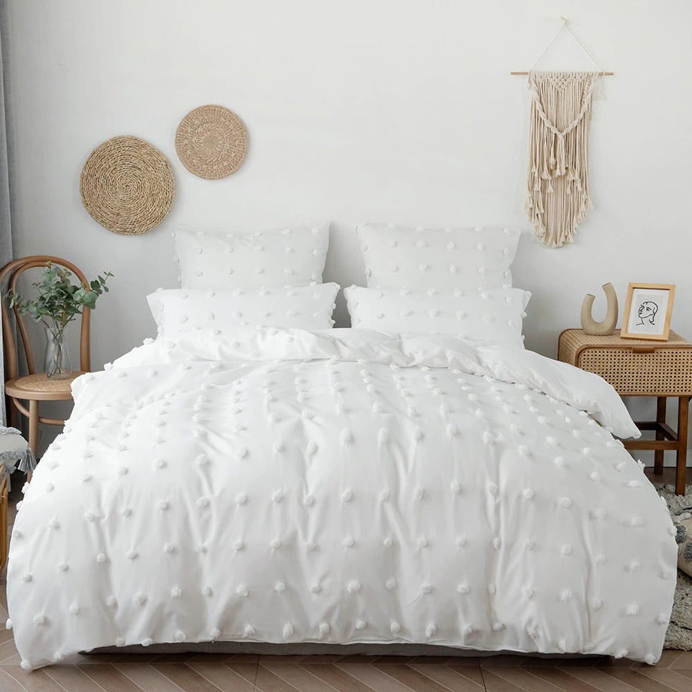 White Pom Pom Bedding Set — Soft-Touch Cotton Duvet & Pillowcases — Front view