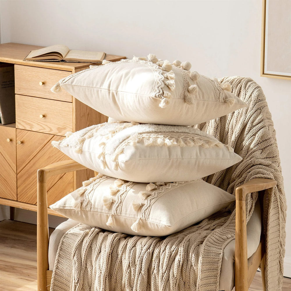 Boho Tassels Tufted Cushion Cover — Soft Textured Pillow for Bedroom Layering — Lifestyle 2