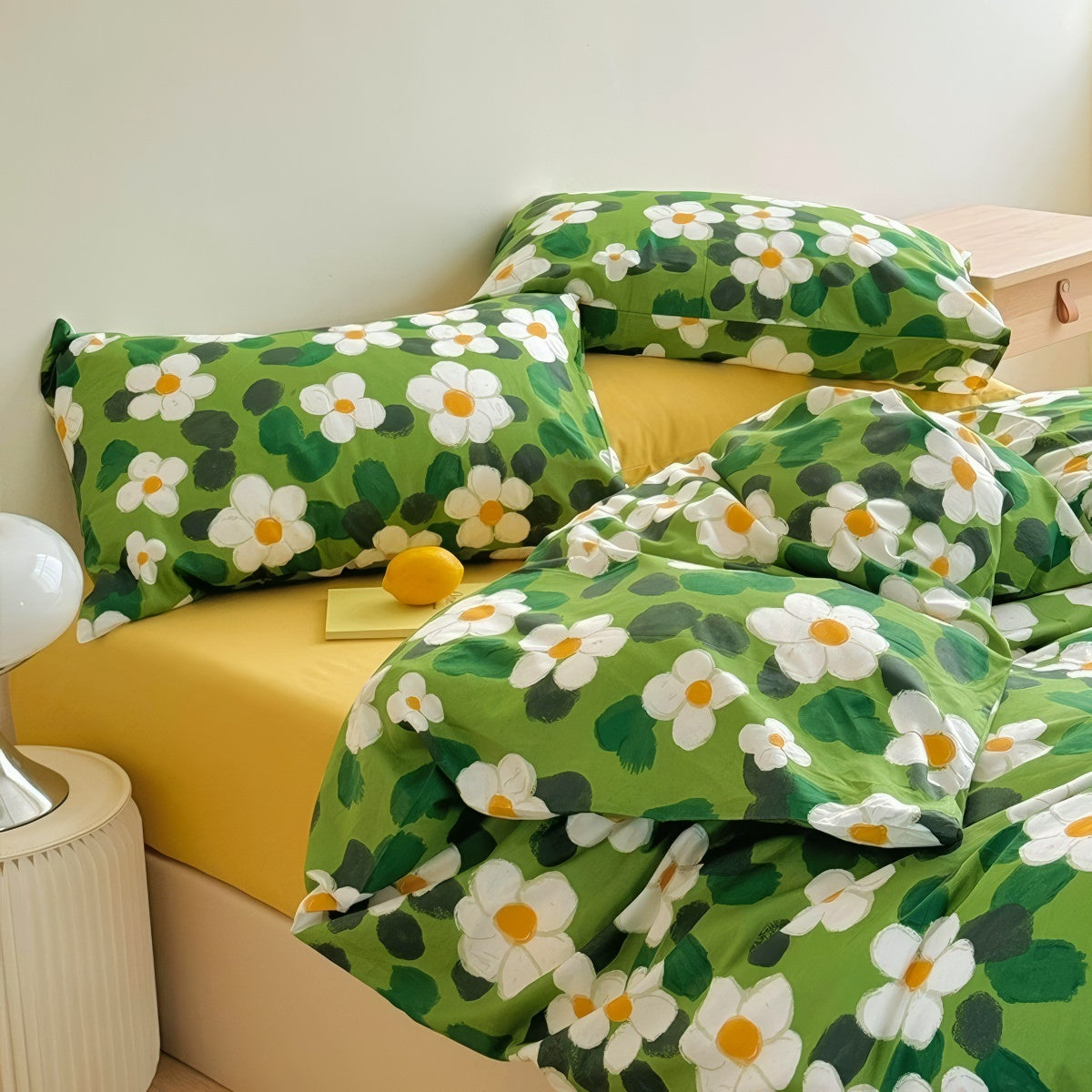 Green Garden Daisies Print Bedding Set — Soft-Touch Cotton Duvet & Pillowcases — Front view