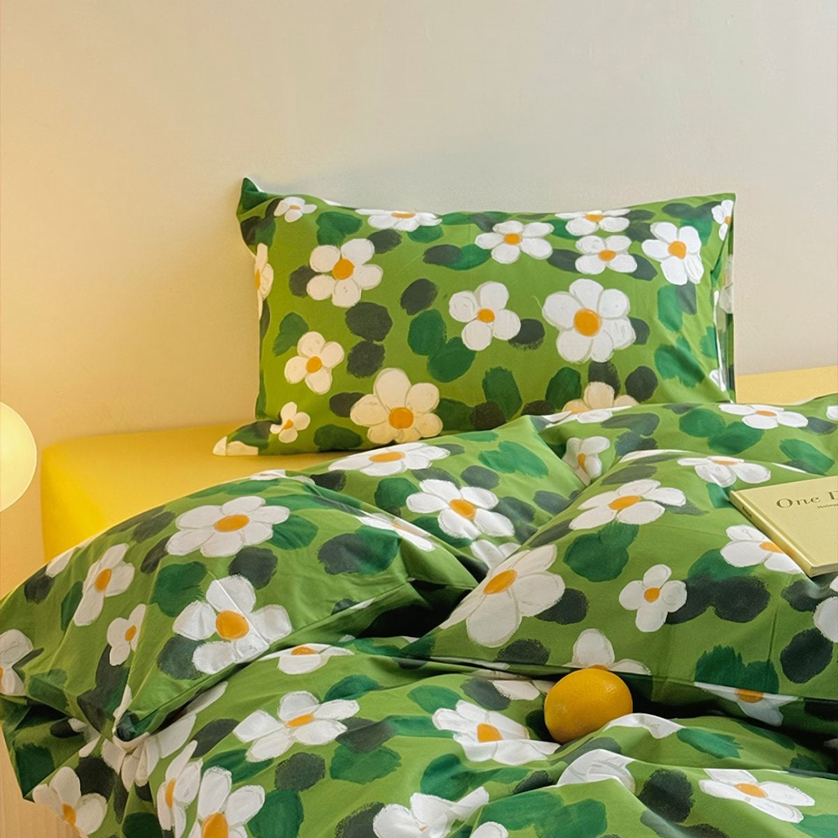 Green Garden Daisies Print Bedding Set — Soft-Touch Cotton Duvet & Pillowcases — Lifestyle 1