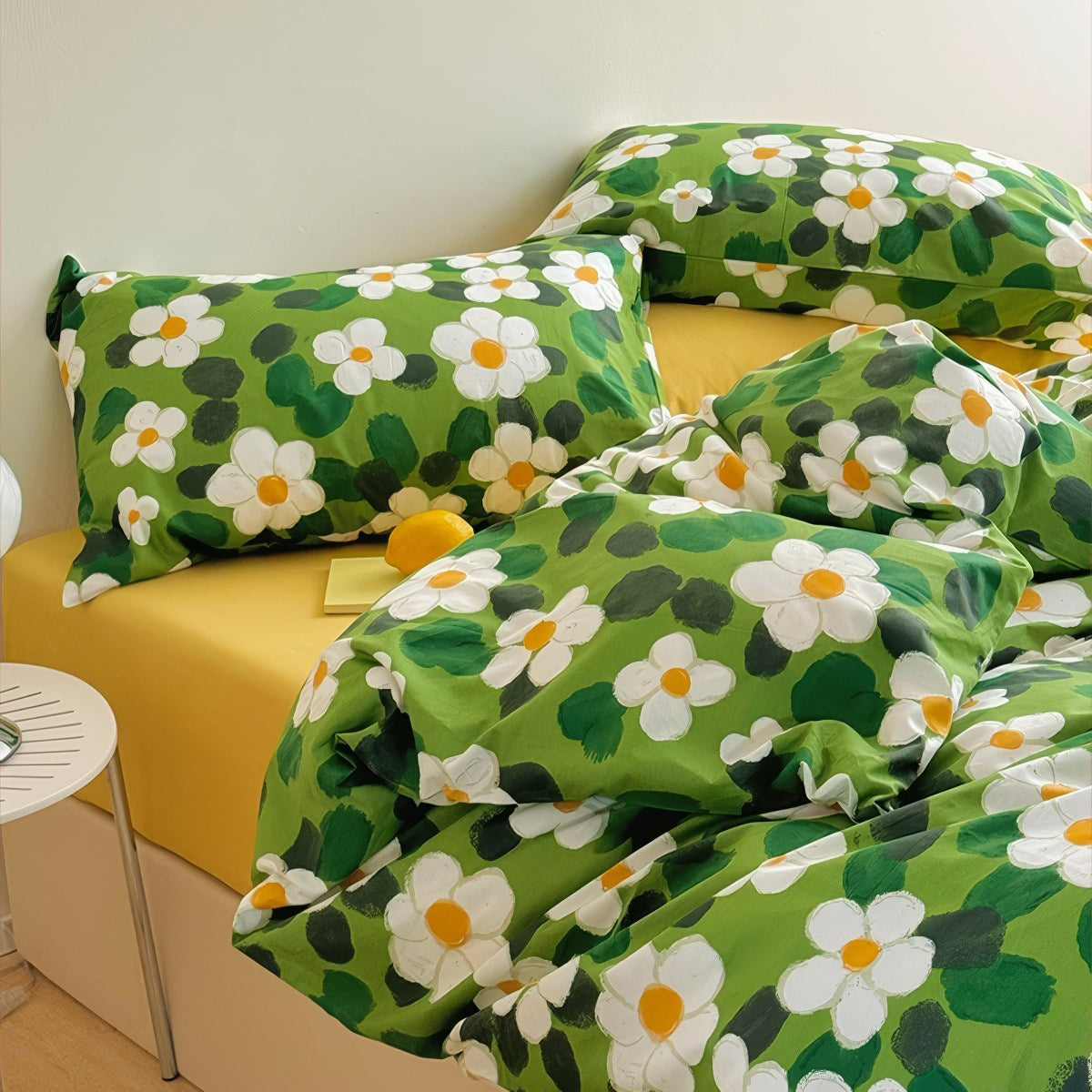 Green Garden Daisies Print Bedding Set — Soft-Touch Cotton Duvet & Pillowcases — Lifestyle 3