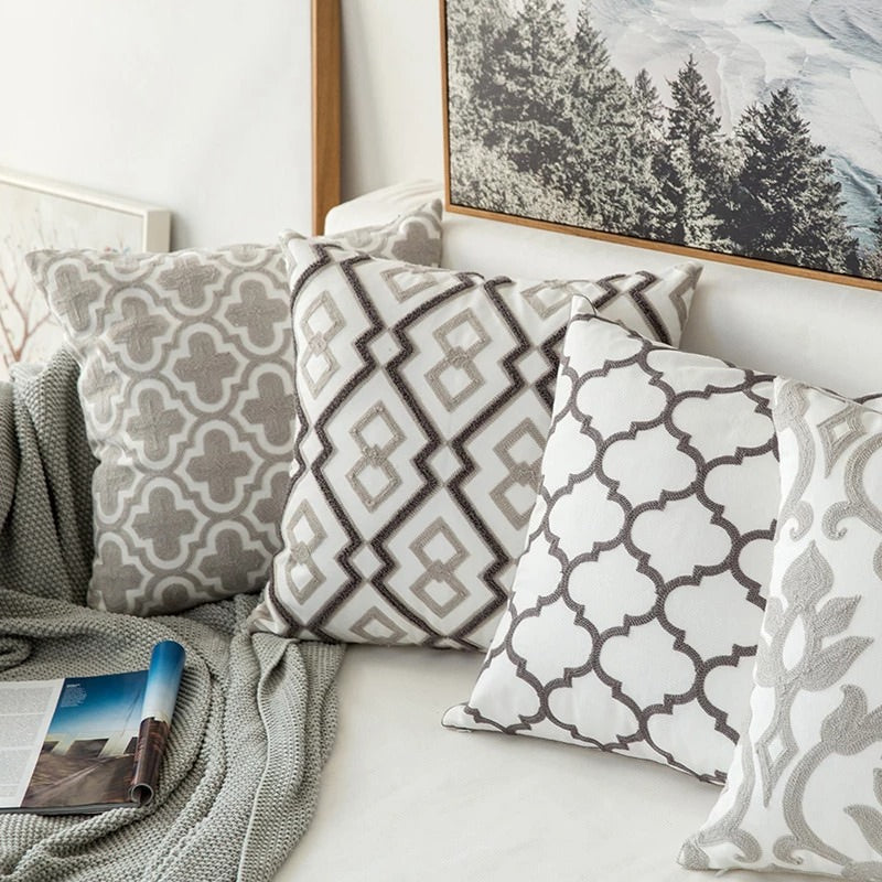 Brownish Grey Embroidered Cushion Cover — Soft Textured Pillow for Bedroom Layering — Front view
