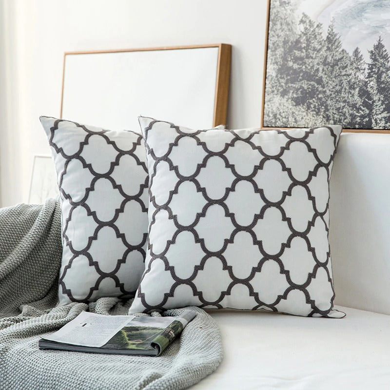 Brownish Grey Embroidered Cushion Cover — Soft Textured Pillow for Bedroom Layering — Lifestyle 1