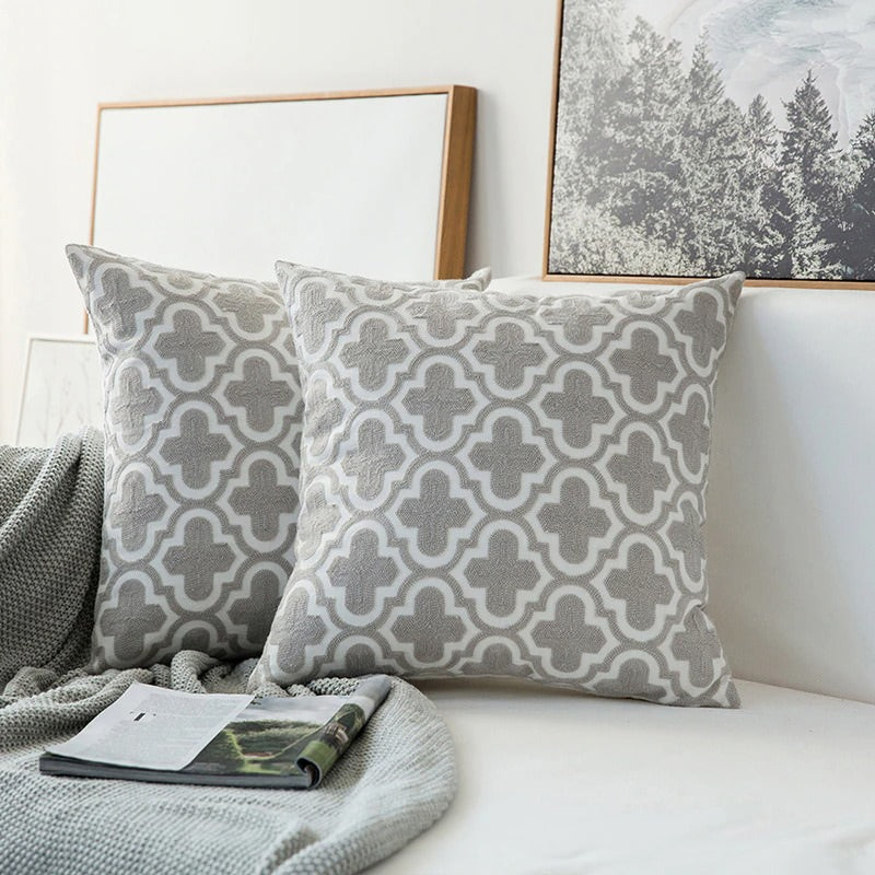 Brownish Grey Embroidered Cushion Cover — Soft Textured Pillow for Bedroom Layering — Lifestyle 3