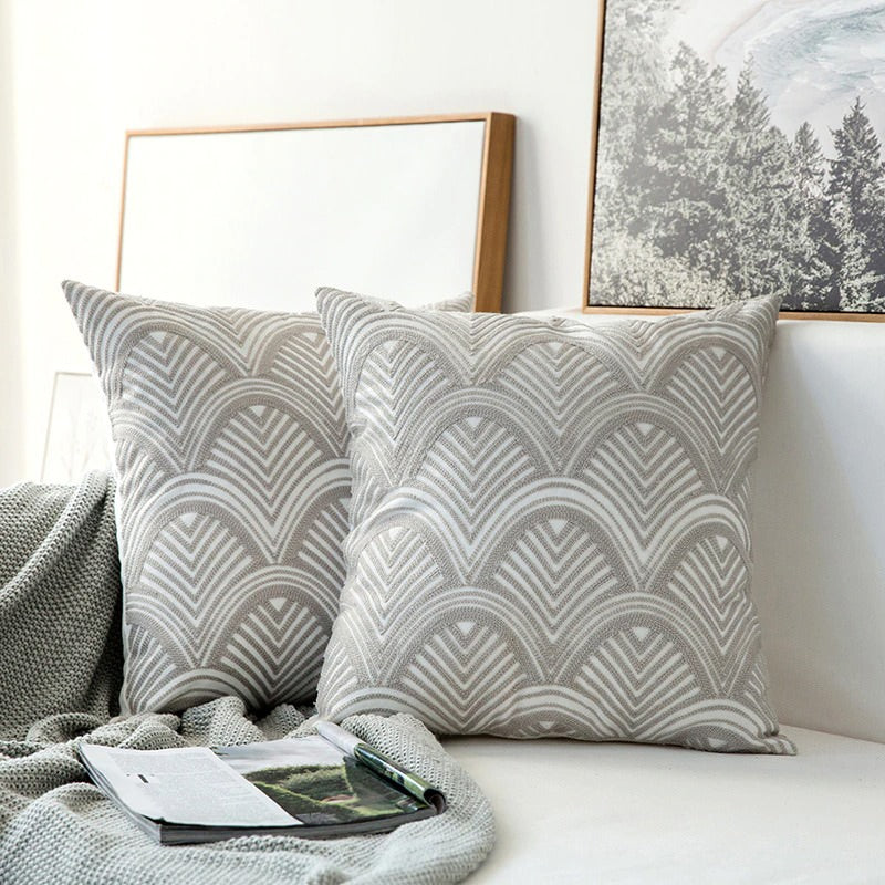 Brownish Grey Embroidered Cushion Cover — Soft Textured Pillow for Bedroom Layering — Lifestyle 4