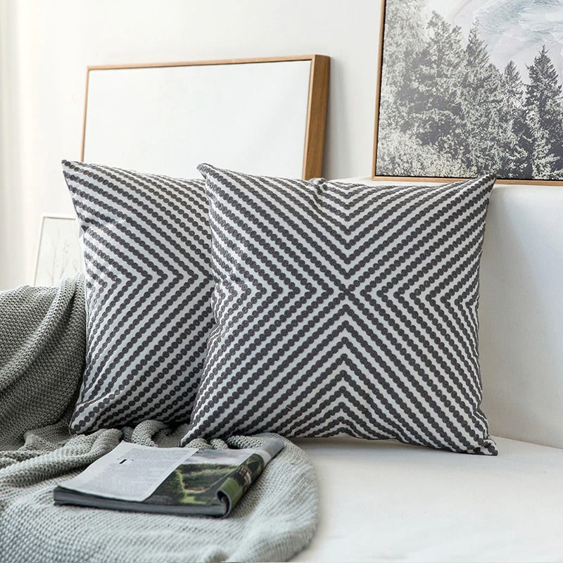 Brownish Grey Embroidered Cushion Cover — Soft Textured Pillow for Bedroom Layering — Lifestyle 5