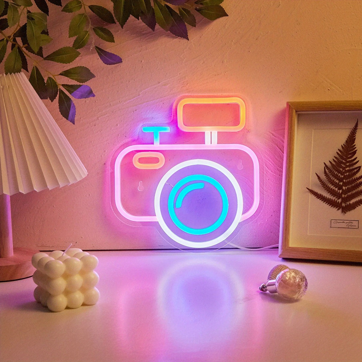 Camera LED Neon Wall Sign — Warm LED Mood Lighting for Bedside — Front view
